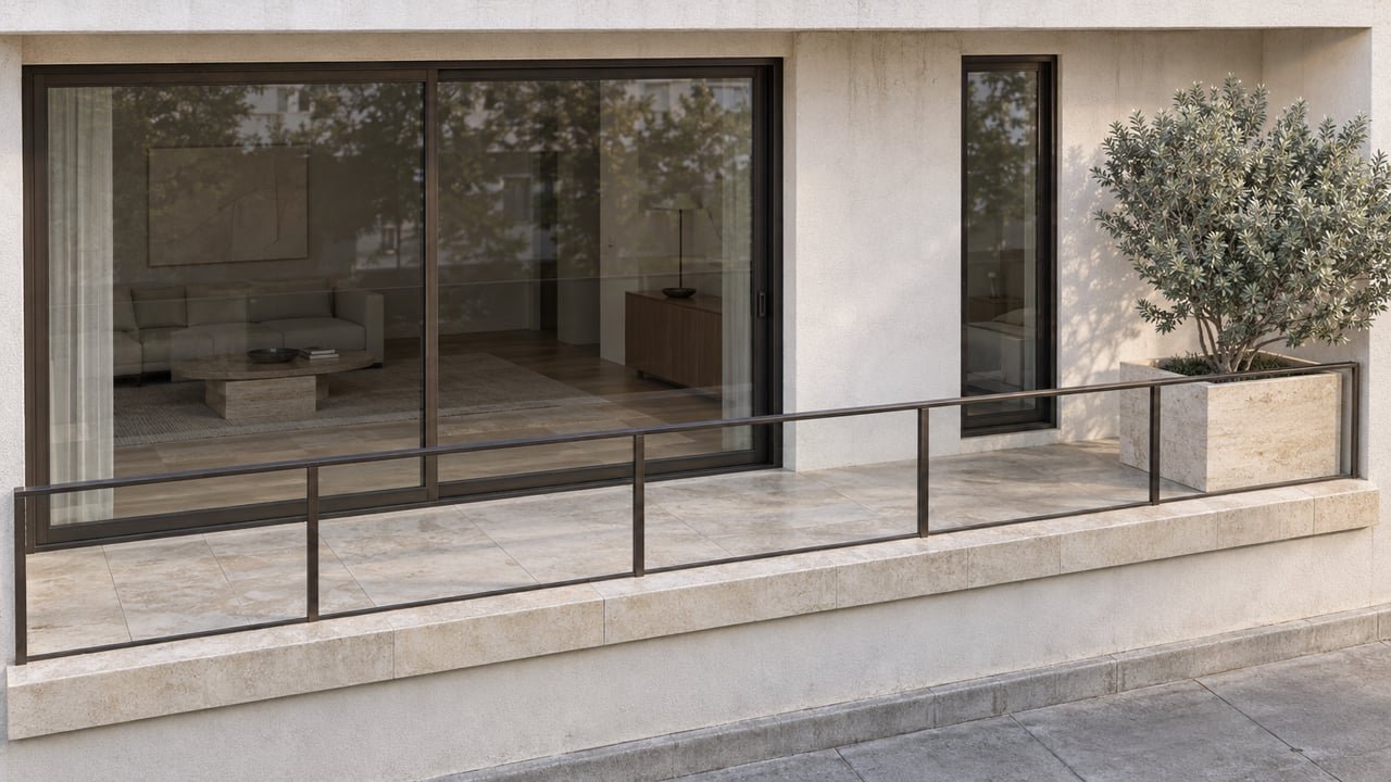 Compact condominium facade with bronze-framed glass doors, a limestone terrace, and a silvery tree in a planter.