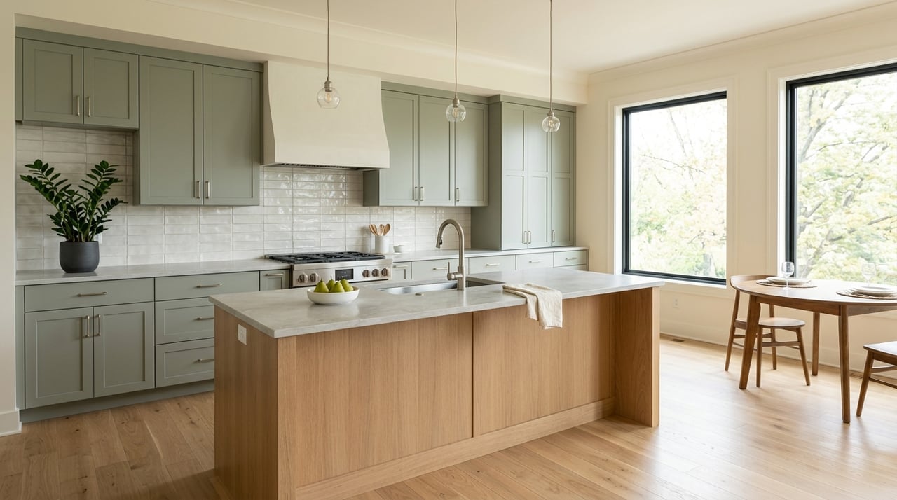 Open-plan kitchen with a white oak island, sage cabinetry, and dining area beside a tree-framed window.