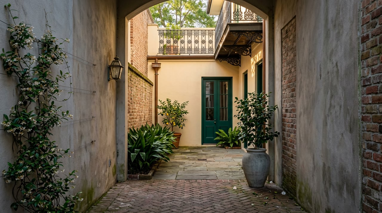Shaded masonry passage opens onto a sunlit courtyard with green French doors, a cast-iron balcony, and potted plants.