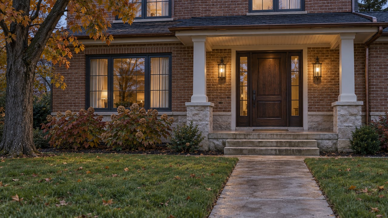 Weathered brick home with a limestone porch, dark oak entry, warm sconces and an autumn maple beyond a deep front lawn at dusk.