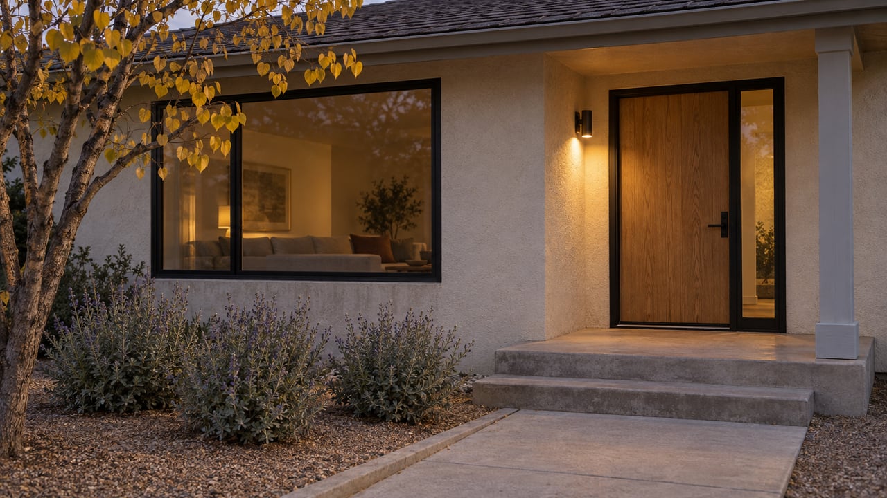 An ivory stucco bungalow entry at twilight with an oak door, black-framed window, concrete steps and carefully bounded native planting.