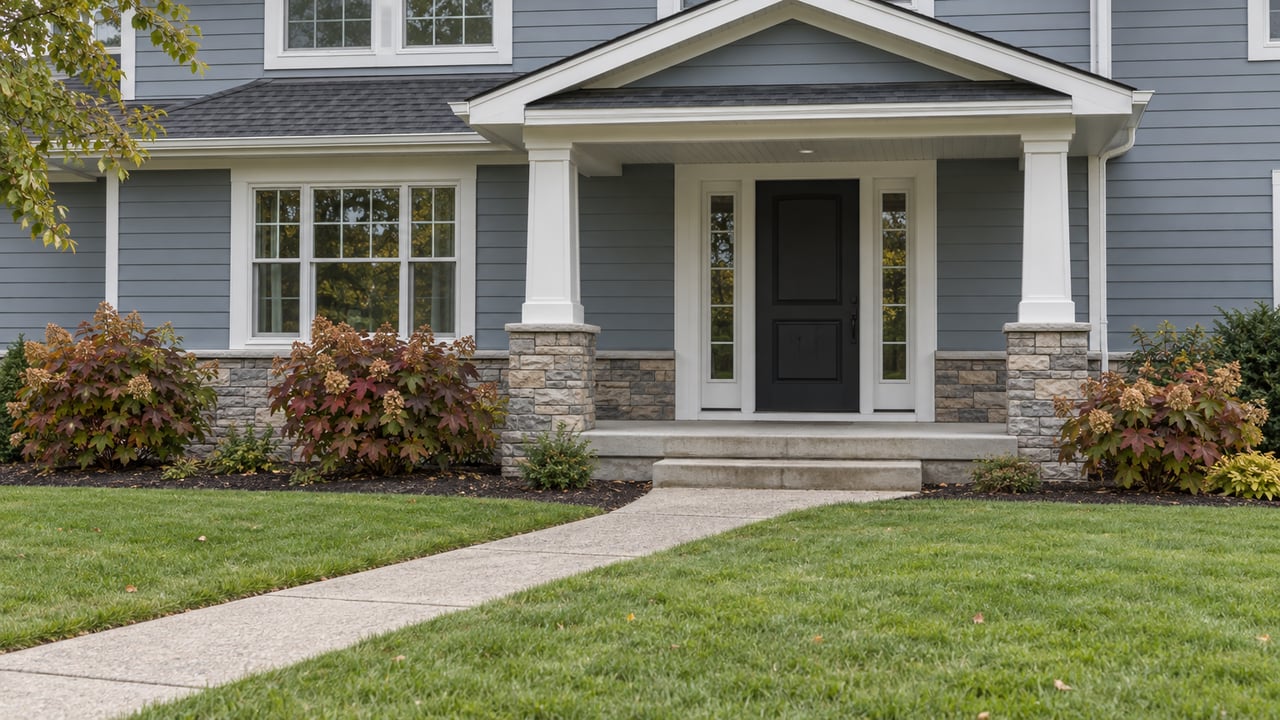 Blue-gray two-story home with white-trimmed windows, a stone-based covered entry, and a concrete walk through a broad lawn.