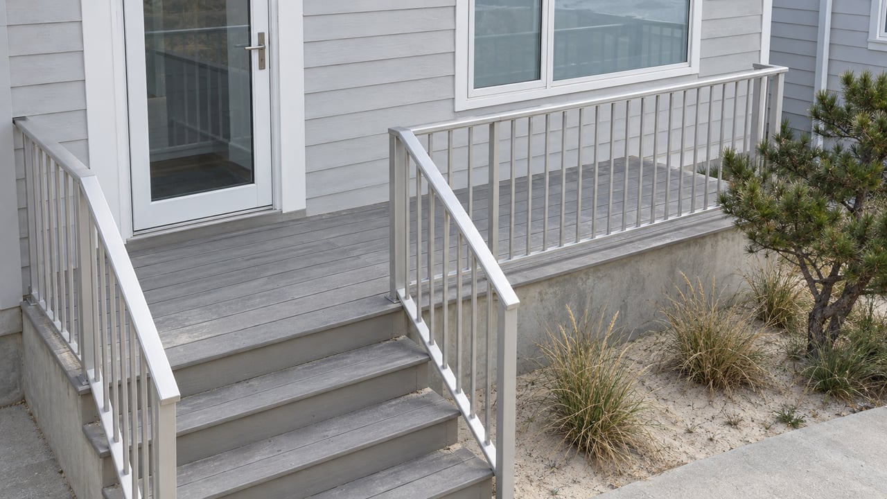 Pale-gray elevated house entry with a glazed door, weathered composite stairs, aluminum rails and a wind-shaped black pine beside a sandy planting bed.