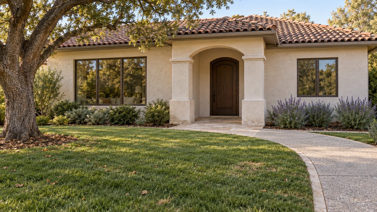 Single-story ivory stucco home with a clay tile roof, recessed arched entry, and mature oak beside a deep front lawn.