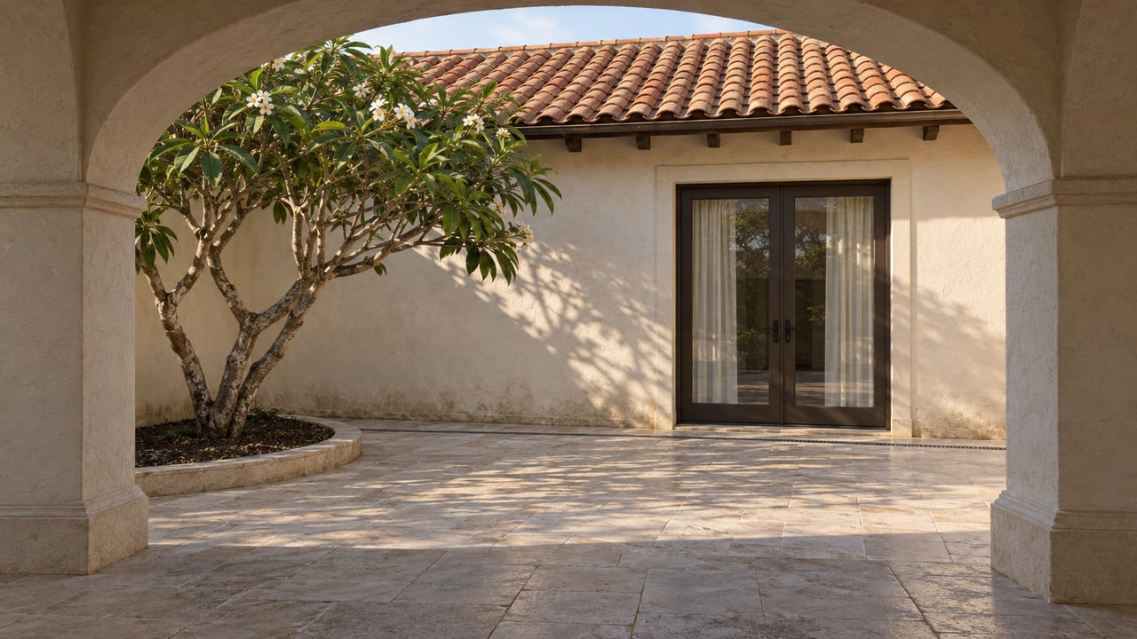 A shaded stucco arch frames a sunlit limestone courtyard, a flowering frangipani tree and bronze-framed glass doors beneath a terracotta roof.