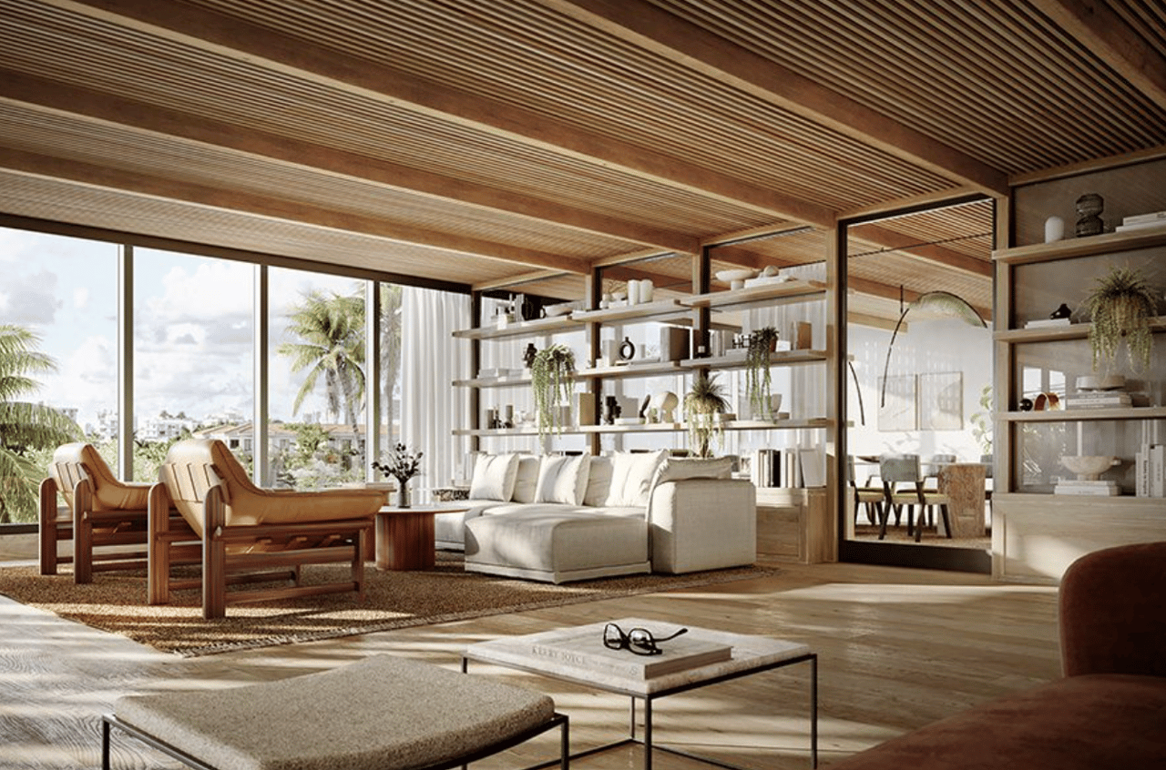 Living room of a branded residence with floor-to-ceiling windows over the Los Angeles basin