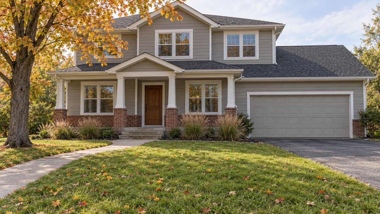 Two-story gray lap-sided home with a covered porch, broad autumn lawn, and an amber sugar maple.