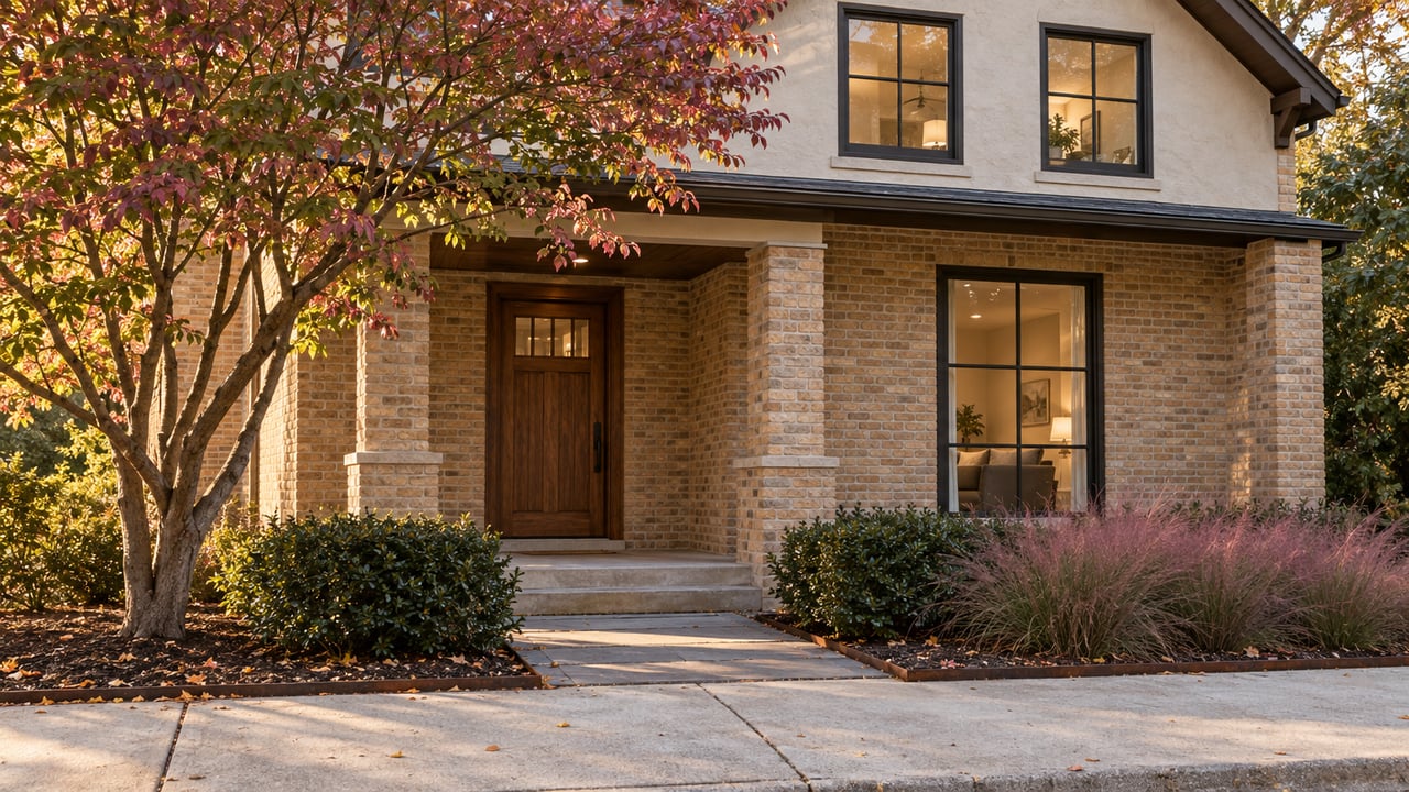 Restored two-story brick-and-stucco house with a covered porch, black-framed windows, and a small tree beside the entry.