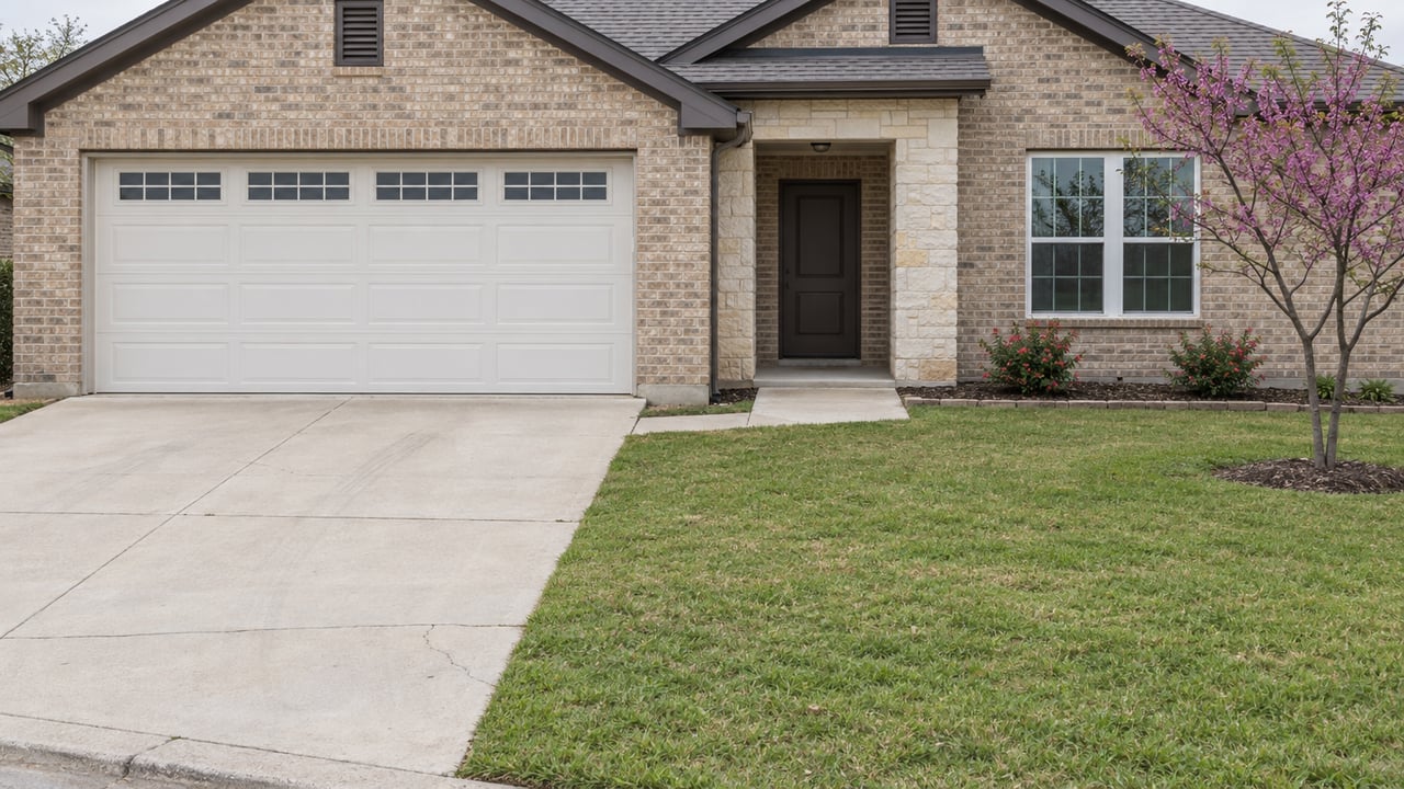 Tan brick ranch house with a two-car garage, concrete driveway, entry walk, lawn and small redbud tree.