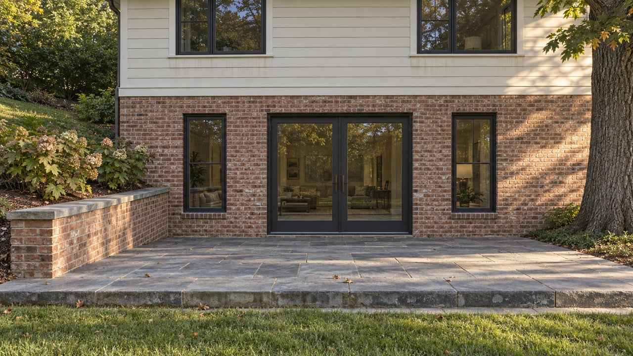 Brick walkout basement with closed glazed doors and bluestone terrace above a sloping lawn.