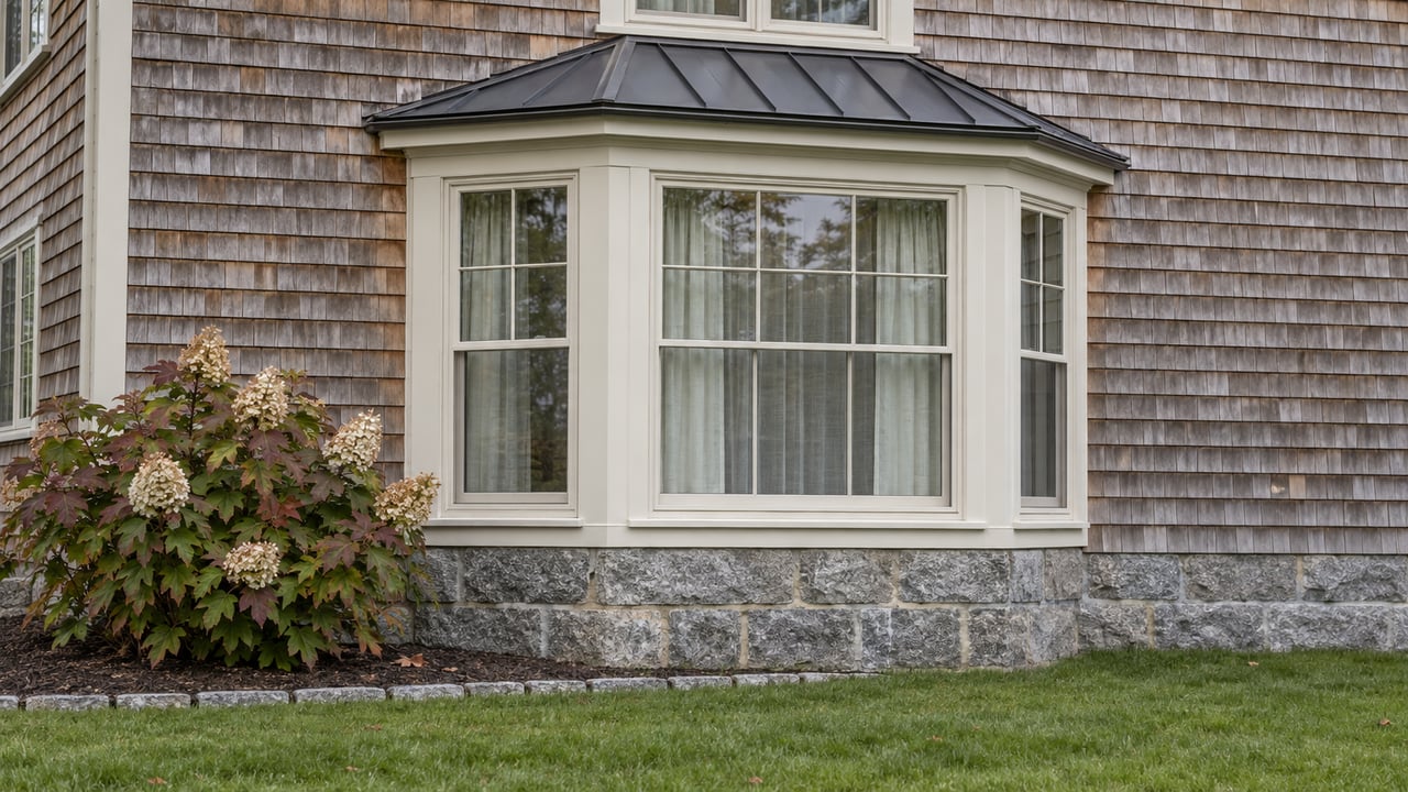 Cedar-shingled house with an ivory-trimmed bay window, granite foundation and an oakleaf hydrangea beside a green lawn.