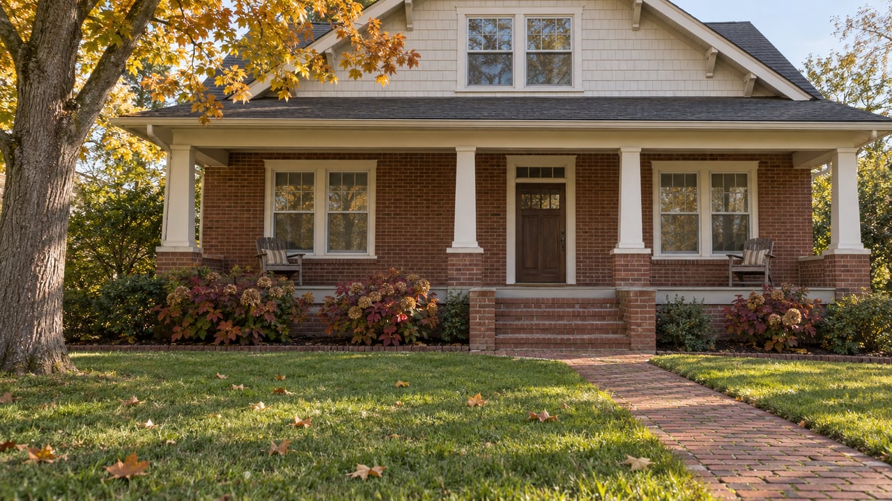 Brick and painted-shingle home with a raised front porch, deep lawn, and an amber-leaved maple in afternoon light.