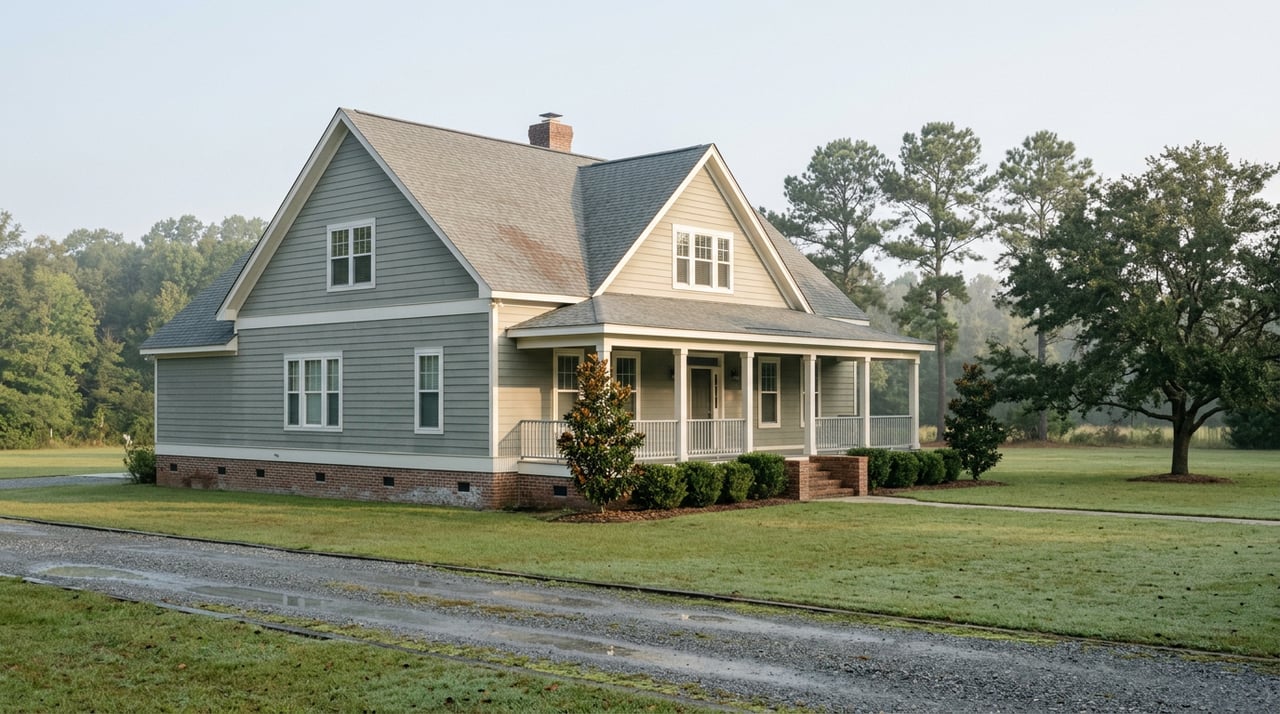 Gray-green gable-front house with a white porch, brick foundation, gravel driveway, broad lawn, and oak and pine trees.