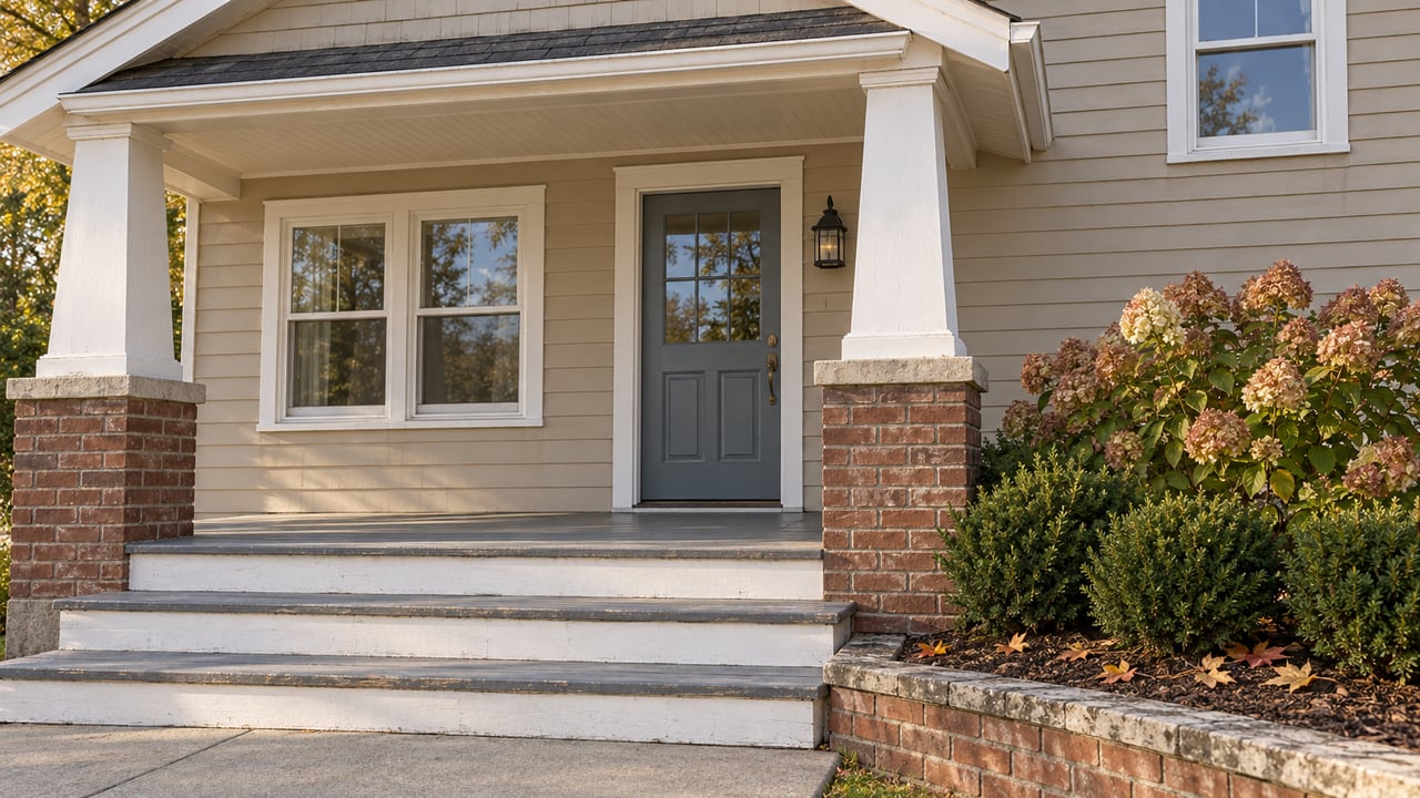 A beige clapboard home's covered porch with tapered white columns, brick piers, a blue-gray front door, and autumn hydrangea flowers.