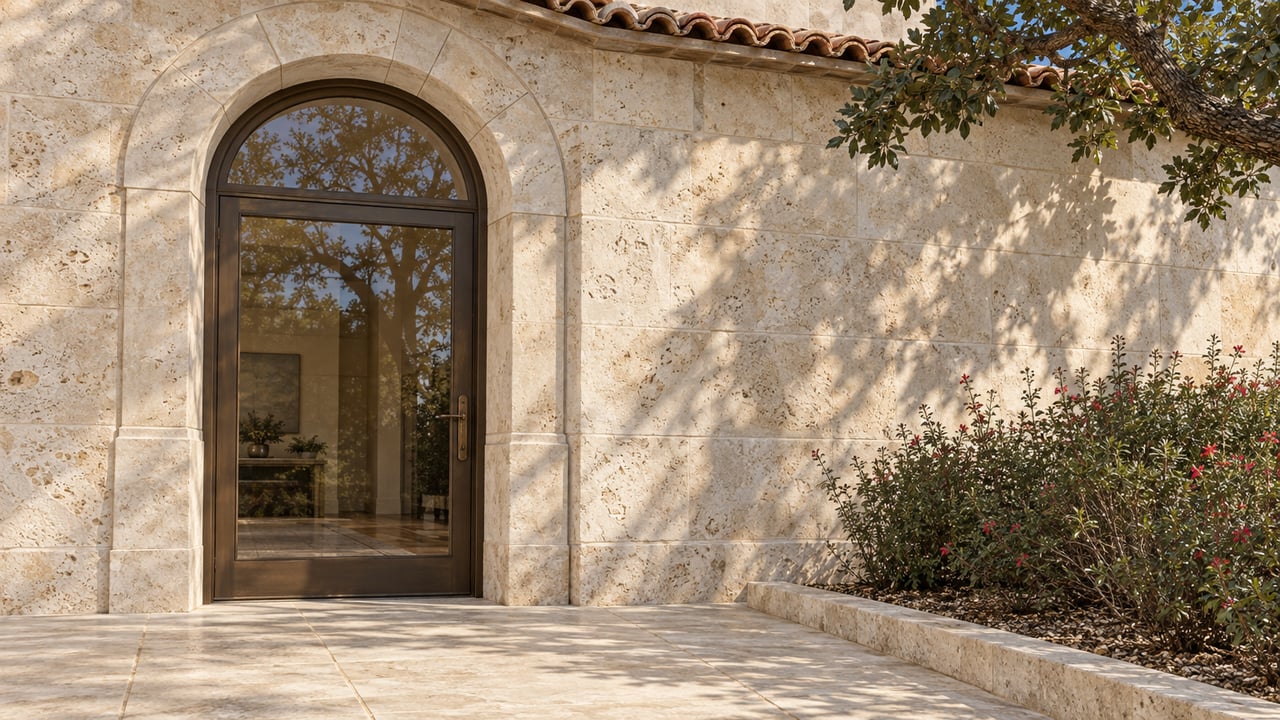 Sunlit limestone arch around a bronze-framed glass door beside a stone-edged planting bed and mature oak foliage.