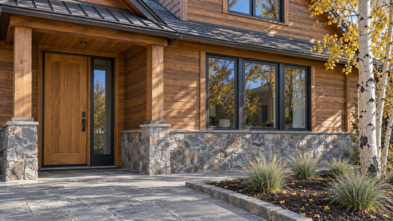 Cedar and gray stone home entry with bronze canopy, black-framed windows and a golden-leaved aspen beside a flagstone landing.