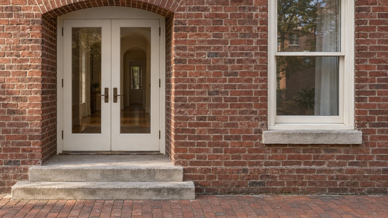 Weathered red-brick residential entrance with paired glazed white doors, a sash window, and worn limestone steps.