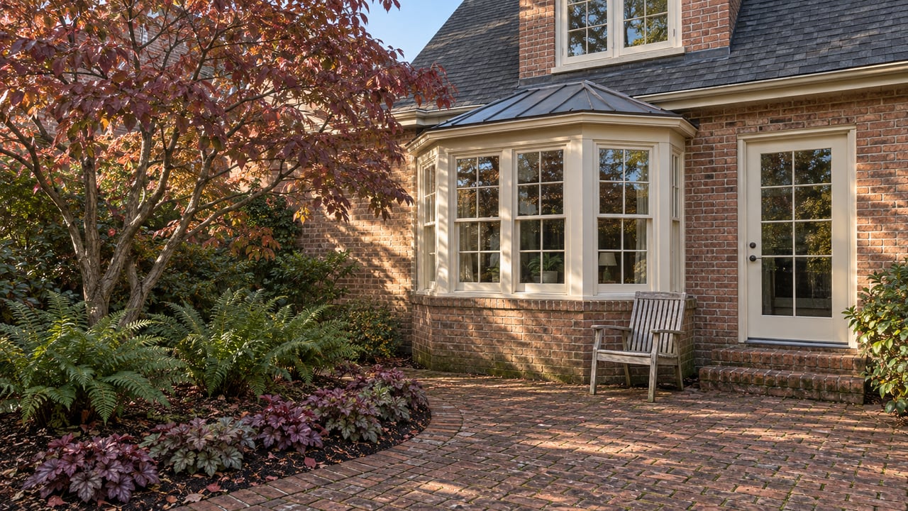 Brick character home with a glazed breakfast bay, worn brick terrace, and an autumn dogwood above a planted garden bed.
