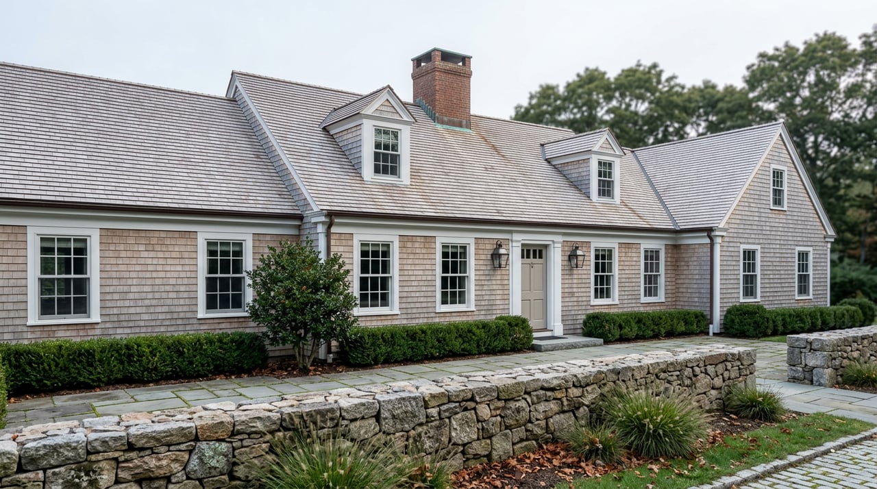 Shingle-clad coastal house with brick chimney, dormers, and a granite fieldstone wall in front.