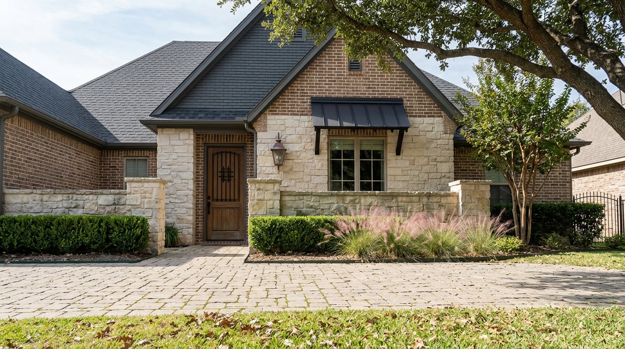 Stone-and-brick home entry with a wood door, paver walkway, spreading live oak, and steep gabled roof.