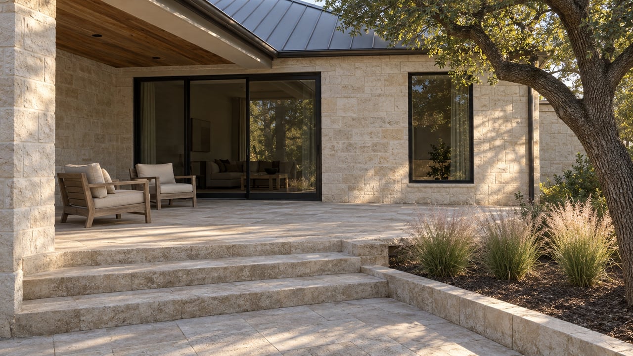 Pale limestone home with black-framed glass doors, shaded teak seating and broad stone steps beside a mature oak.