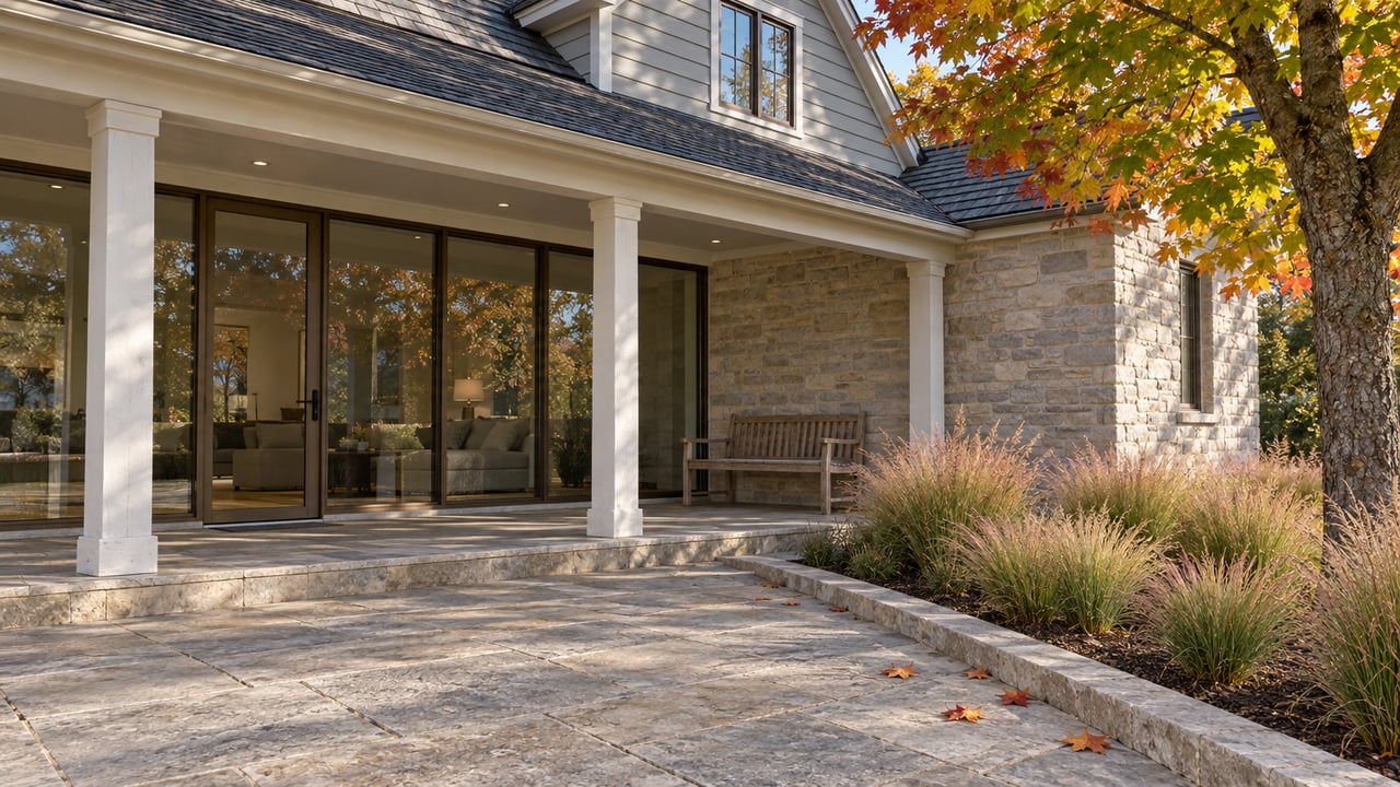 Early-fall light on a limestone terrace and covered porch of a substantial gabled home, beside a mature maple with ochre leaves.