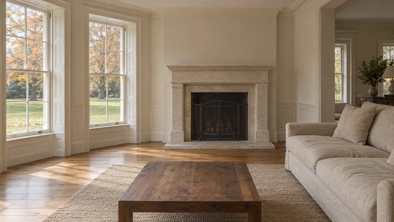 Light-filled traditional sitting room with a limestone fireplace, oak floors and an oatmeal sofa, overlooking an amber-leaved maple and broad lawn.
