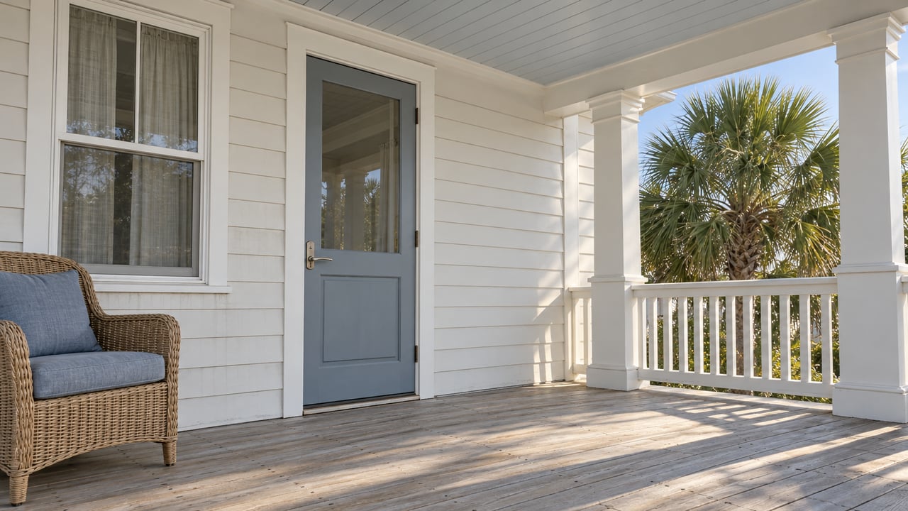 A sunlit raised-house porch with pale siding, a glazed front door, weathered wood floor and a woven chair beside a window.