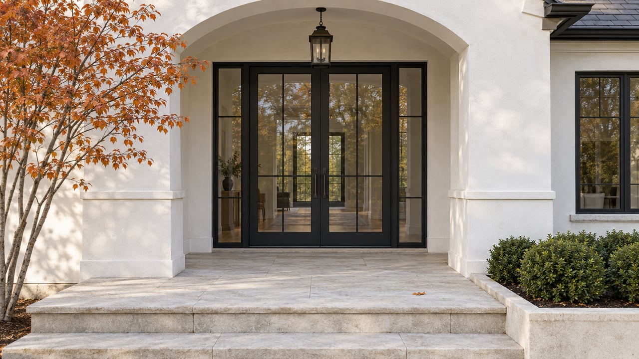 White stucco arched entry with black-framed glass doors, limestone steps, and autumn shrubs.
