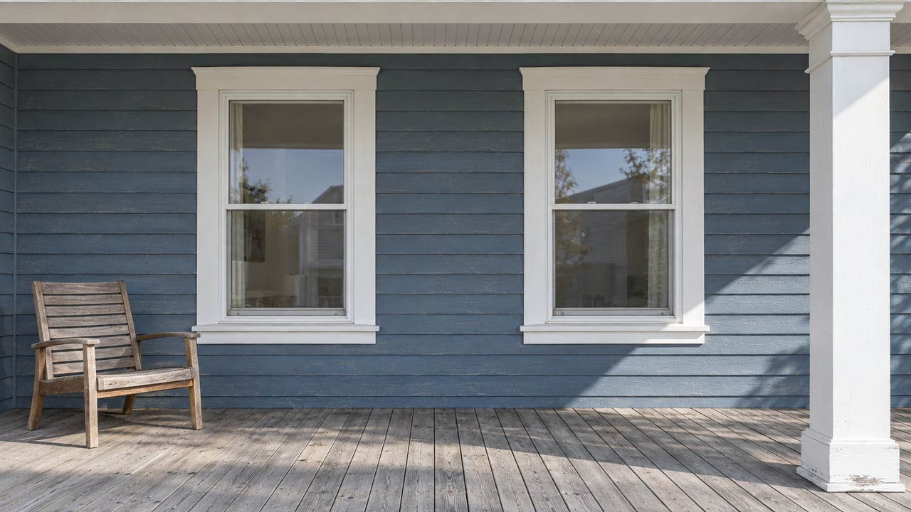 Weathered blue clapboard, paired white sash windows and a silvered teak chair on a covered wood porch.