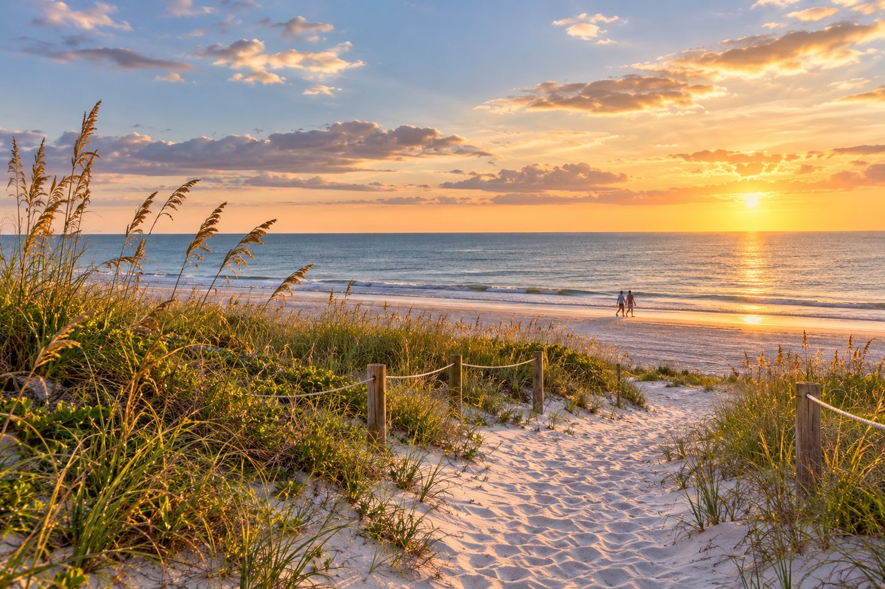 Sunset over an ocean beach, with a sandy path through beach grass and two people walking by the water.