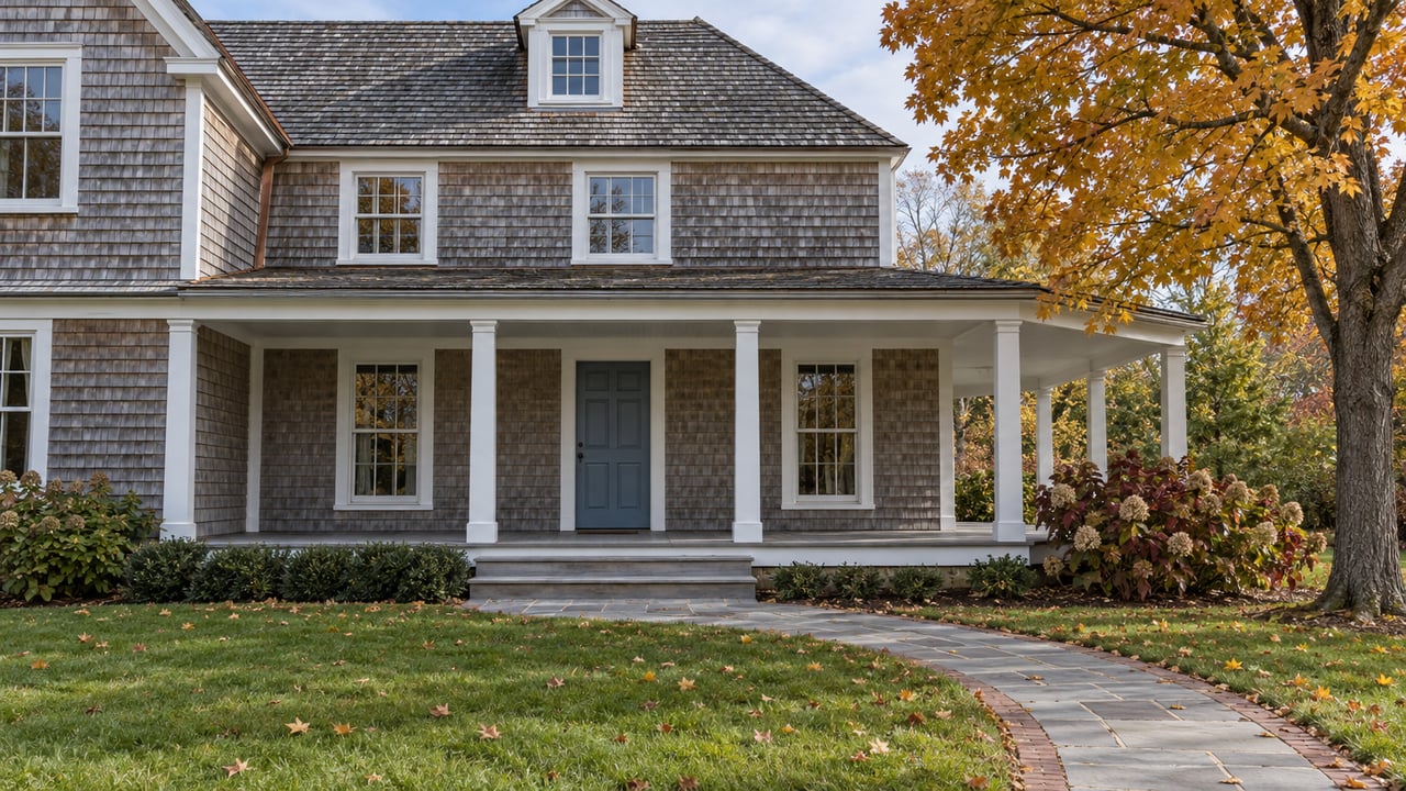 Weathered cedar-shingle house with a white wraparound porch, bluestone approach and ochre autumn maple beside a deep front lawn.