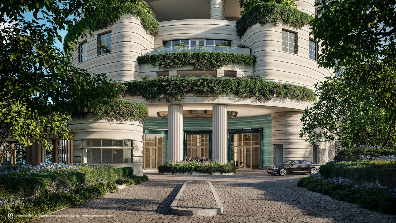 Rendering of the St. Regis Residences entrance with curved stone façades, planted balconies, and a covered drop-off.