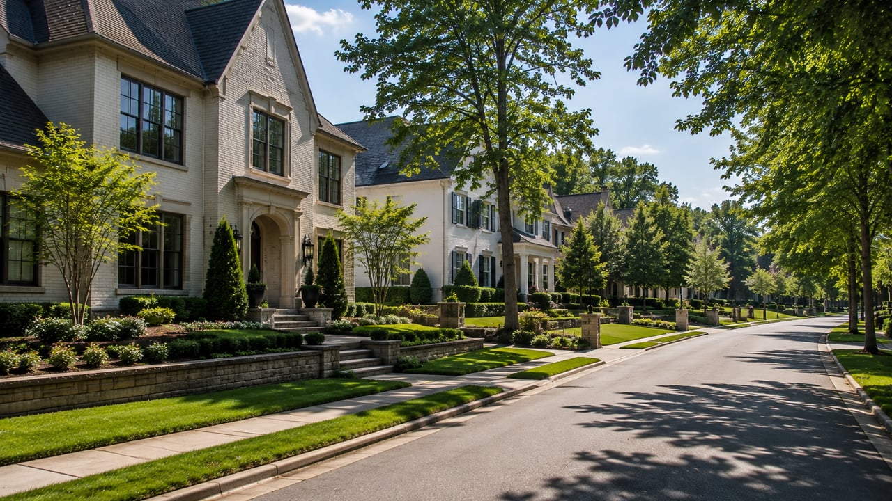Luxury family-friendly neighborhood in Tennessee featuring elegant homes, tree-lined streets, sidewalks, spacious lawns, and beautifully maintained landscaping.