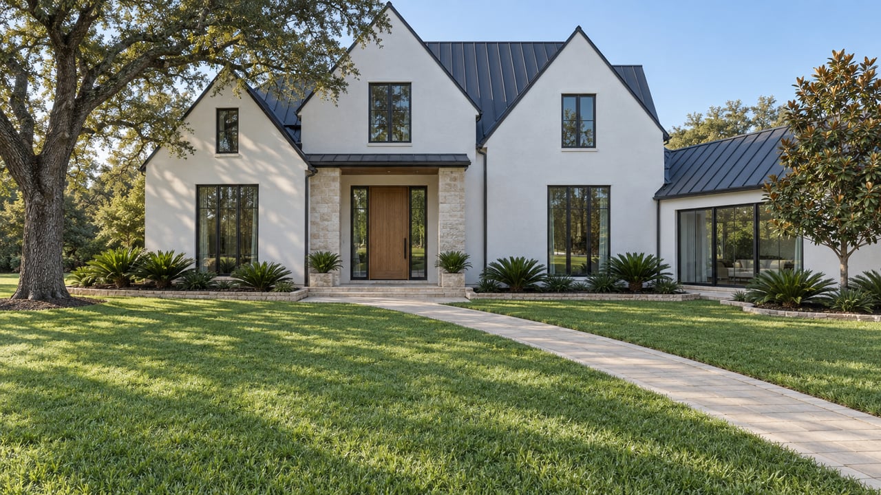 White stucco estate with dark metal gables, limestone entry piers and a deep lawn framed by a mature live oak and southern magnolia.