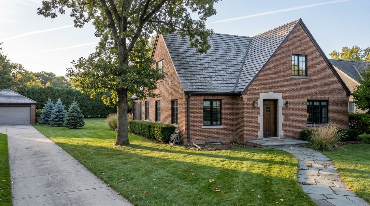 Brick home with a weathered cedar-shake gable roof, limestone entry, broad lawn, and mature oak.