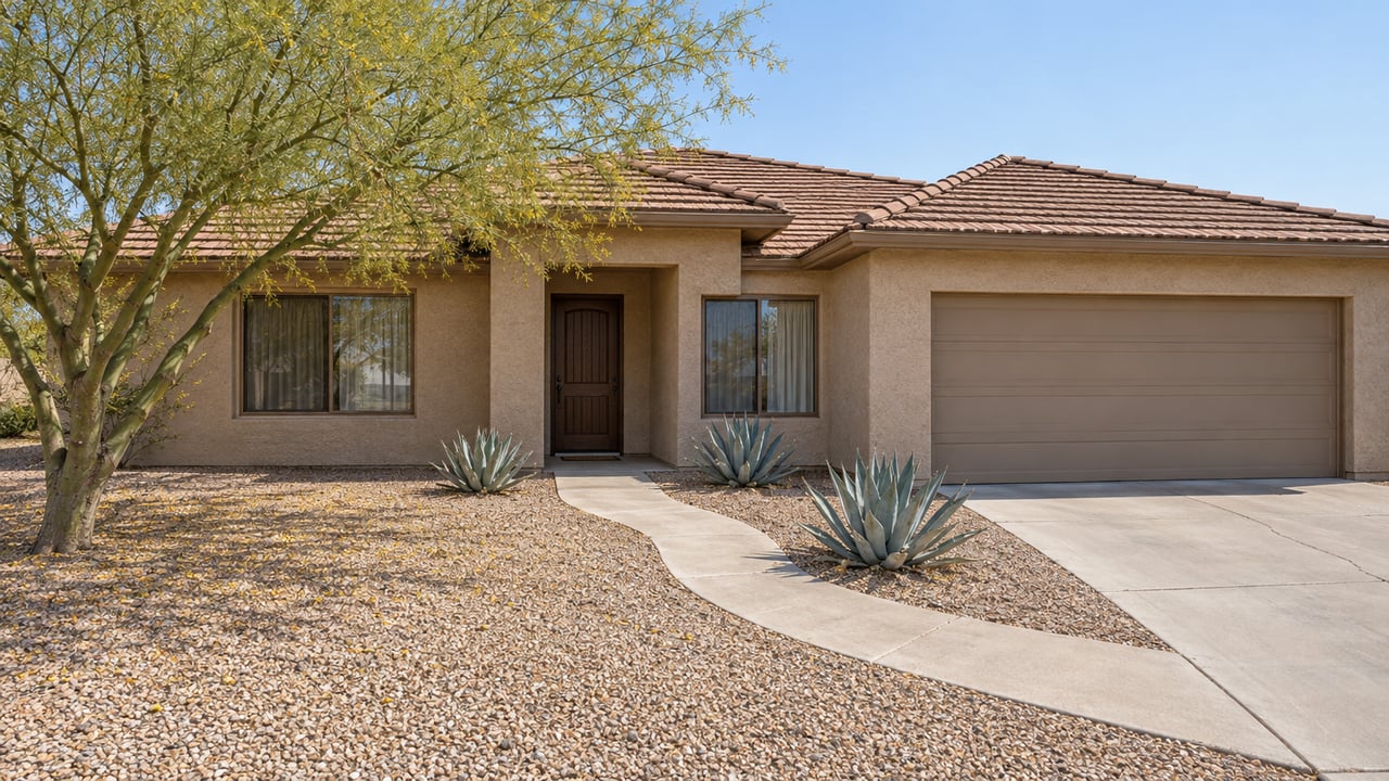 Single-story beige stucco home with a reddish tile roof, a deep gravel front yard, a branching blue palo verde tree, and three sculptural agaves beside the entry walk.