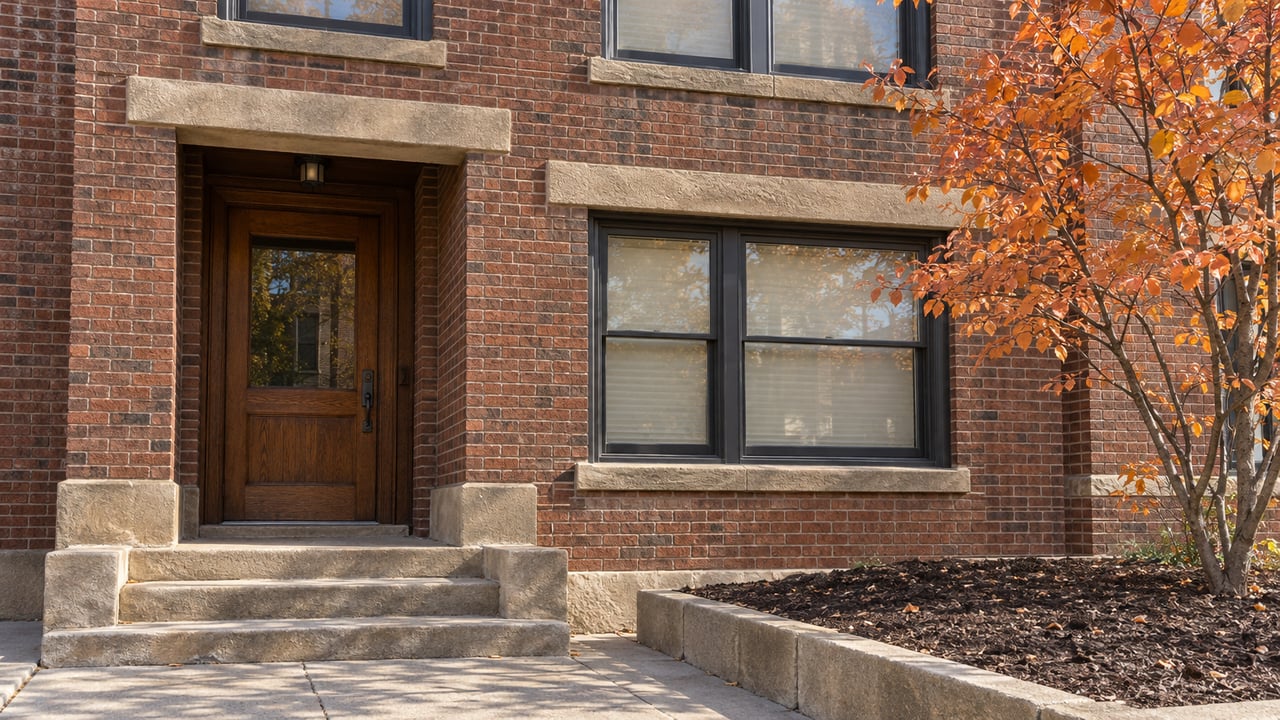 Russet brick condominium facade with a glazed oak entry door, worn sandstone steps, dark window frames and an autumn serviceberry beside the approach.