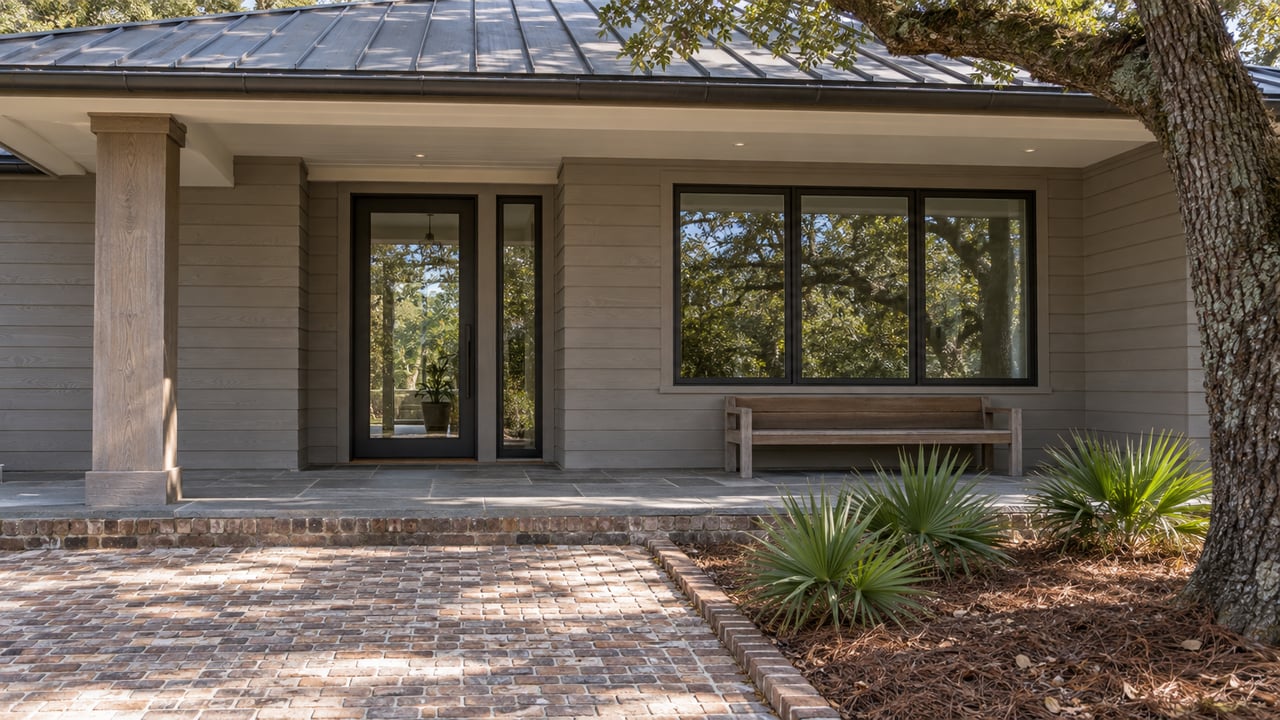 Recessed entrance of a gray cedar-sided home with a brick approach, slate porch, teak bench and live oak canopy.