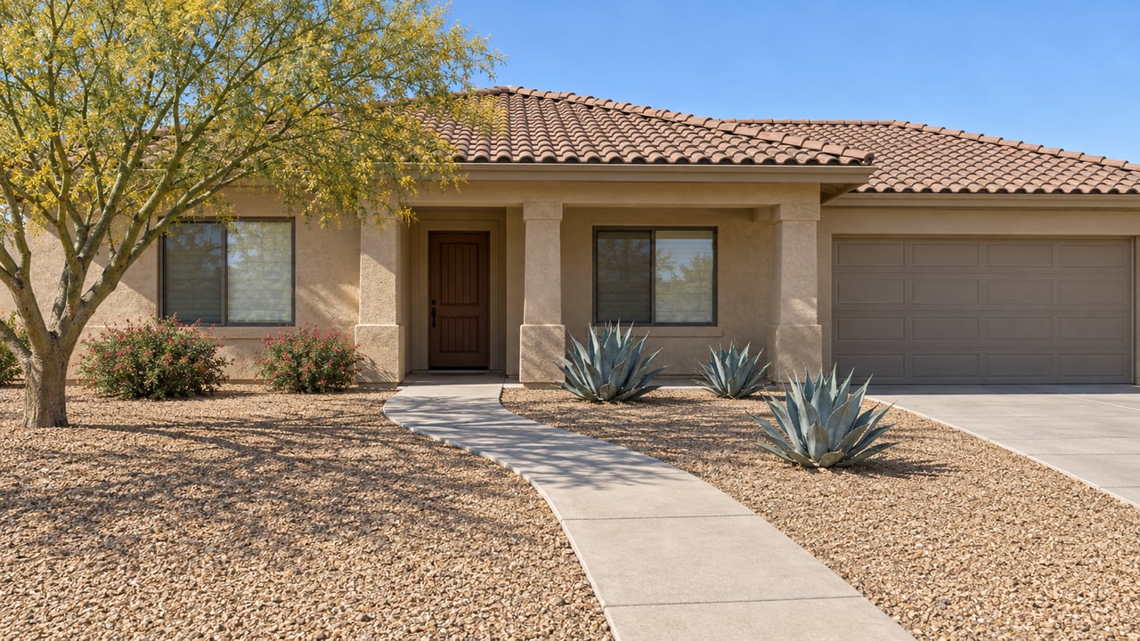Single-story buff stucco home with a tiled roof, shaded porch, and a deep gravel garden planted with a blue palo verde and sculptural agaves.
