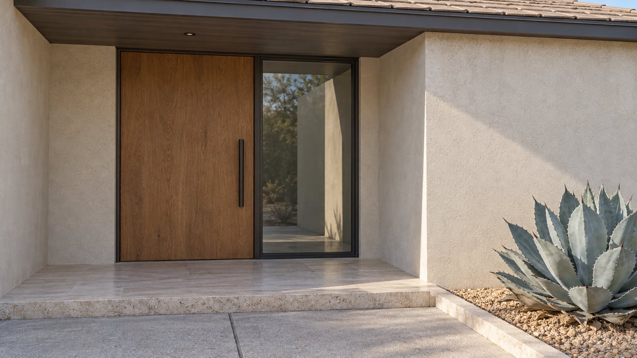 Recessed oak entry door and glazed sidelight beneath a buff tiled roof, with a pale stone landing and blue-gray agave.
