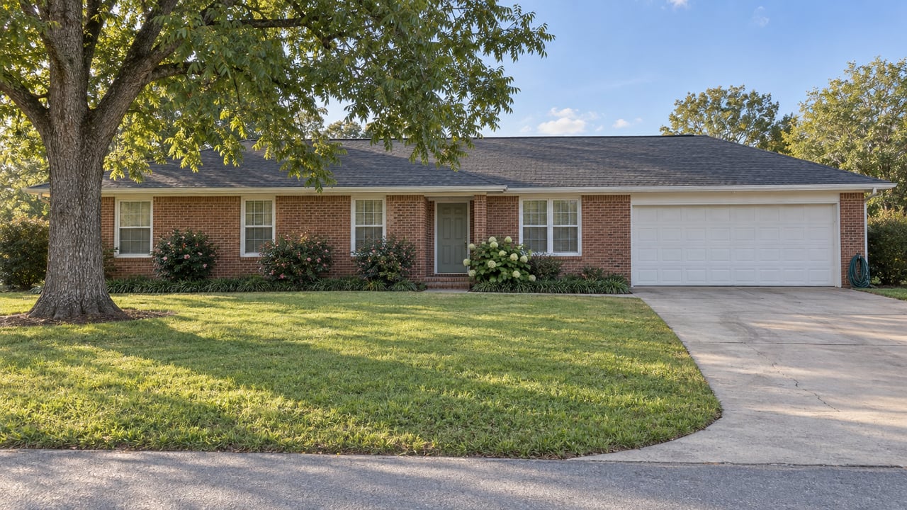 Red-brown brick ranch house with a white garage, broad lawn, and mature pecan tree.