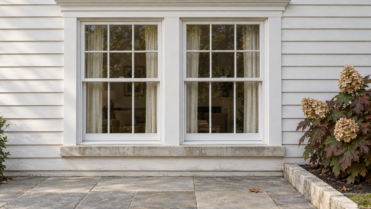 Paired white divided-light windows above a pale limestone terrace, with burgundy oakleaf hydrangea beside a raised planting bed.
