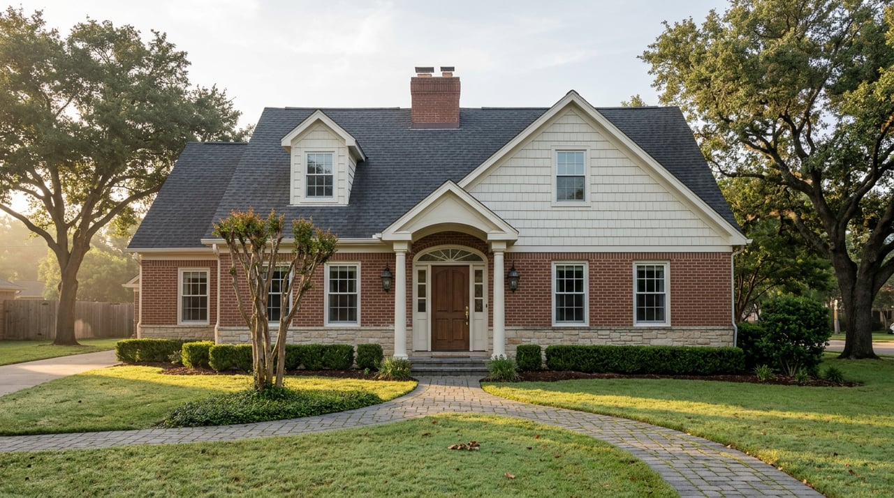 Traditional brick home with a stone base, arched entry, two roof dormers, and a curved paver walkway through the lawn.