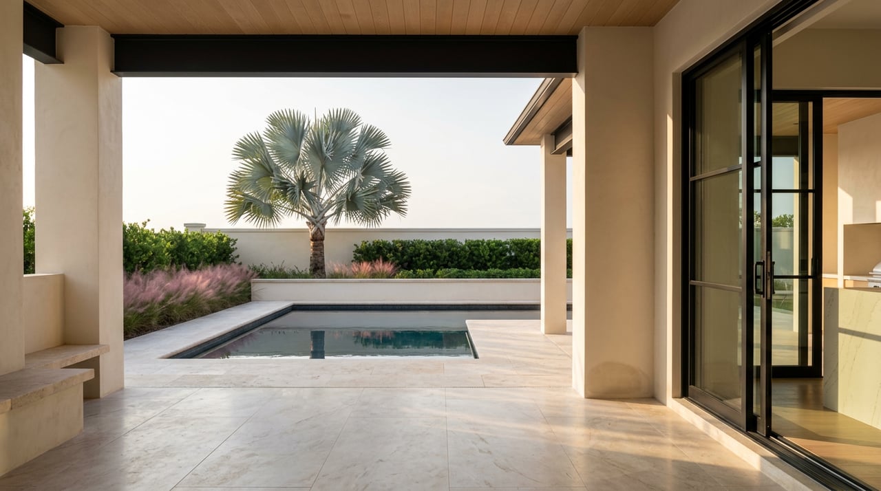 A limestone loggia opens onto a dark-tiled pool, with a silver-blue palm rising beyond the garden wall.