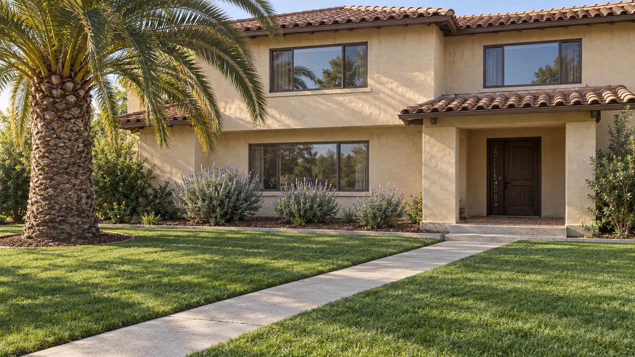 A sand-colored stucco home with clay roof tiles, a deep front lawn, a curved concrete approach and one mature palm in morning light.