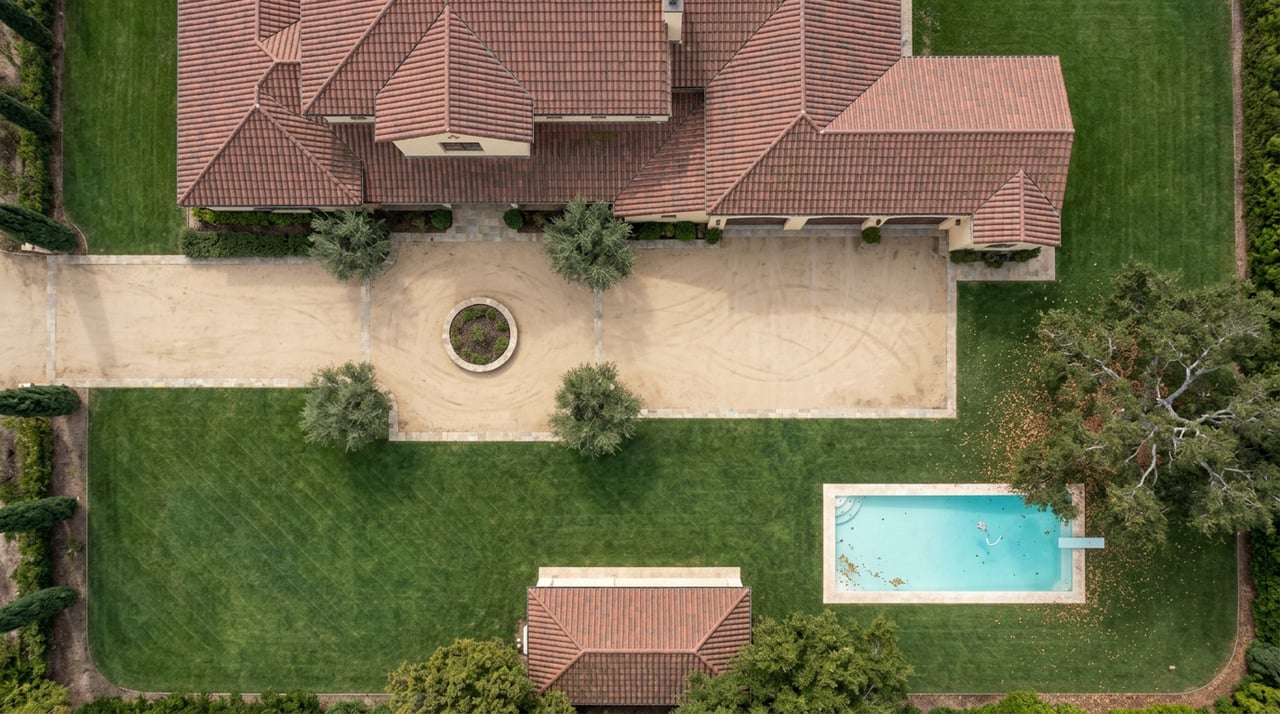 Overhead view of a tiled-roof estate, motor court, pool, broad lawn, and detached structure.
