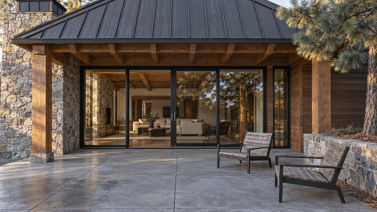 Timber-gabled home with a quartzite chimney, enclosed glass living room and teak chairs on a late-autumn terrace.