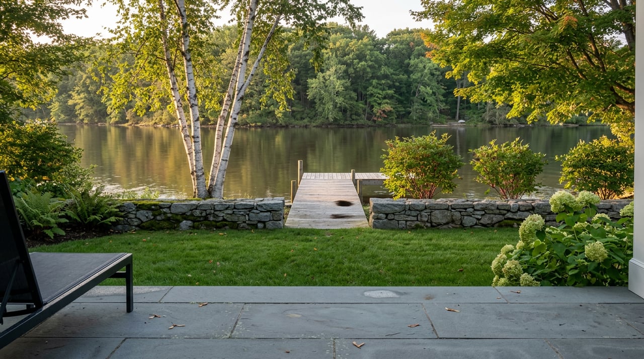 Bluestone porch overlooks a lawn, fieldstone wall, short wooden dock, and calm cove beneath a tree-lined shore.