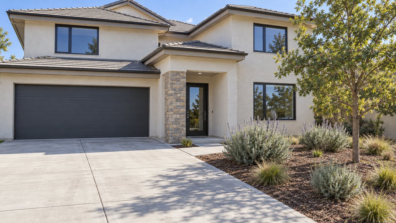 A cream-stucco two-story home with tile roofs, a broad concrete driveway, stone-accented entry, and an oak planted among drought-tolerant shrubs.